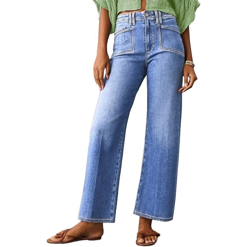 Womens Wide Leg Jeans High Waisted Stretchy Buttoned Denim Casual Pants
